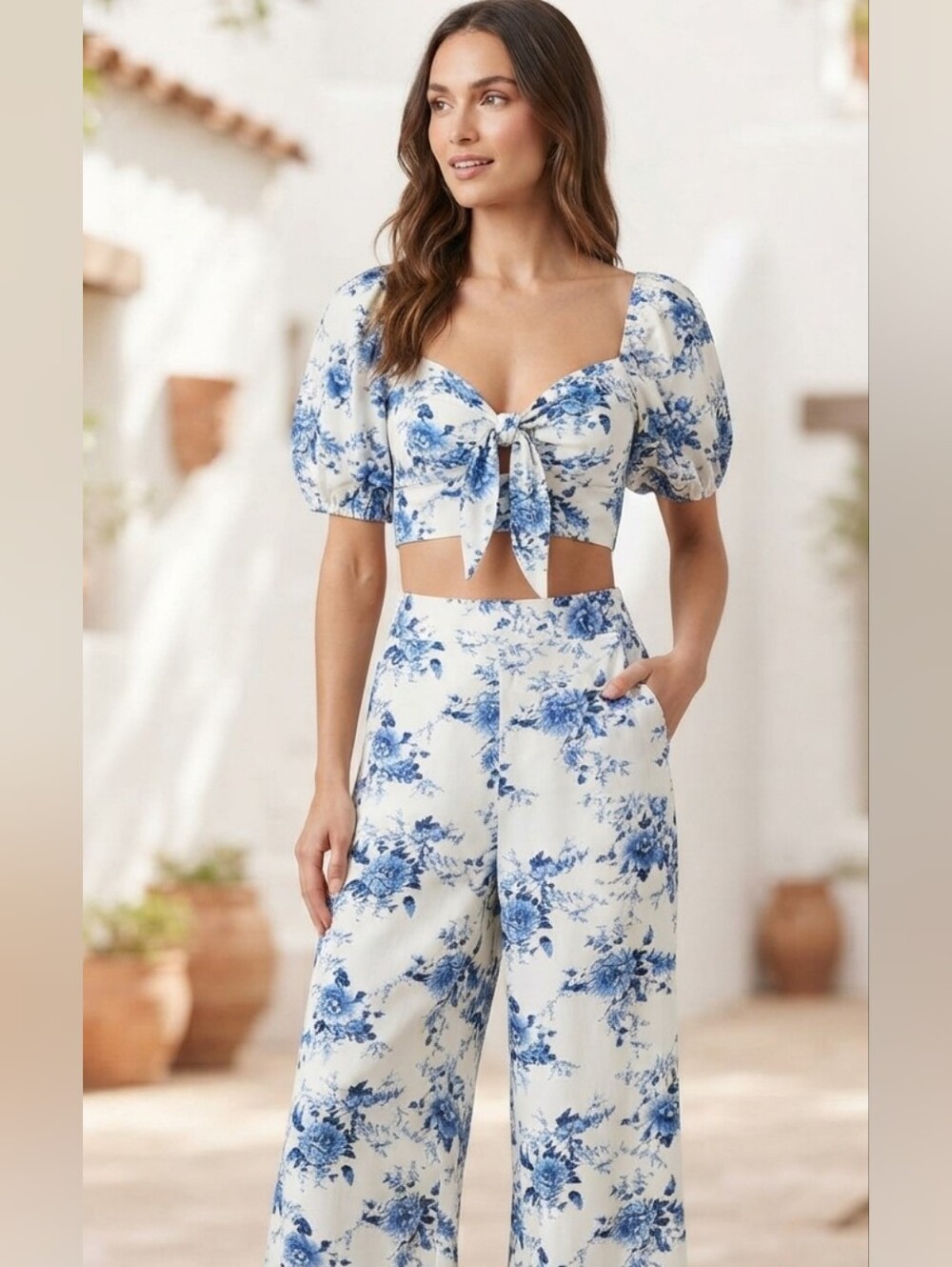 Sienna Sky Blue White Floral 2-Piece Set Crop Tie Front Top Wide Leg Pants M